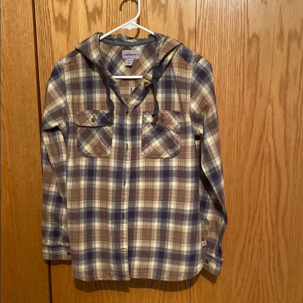 Carhartt Blue and Brown Plaid Hooded Shirt. Woman’s size small (4/6).